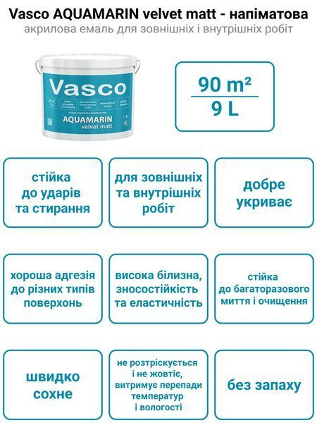 Vasco AQUAMARIN velvet matt акрилова емаль універсальна 9л 5703 фото