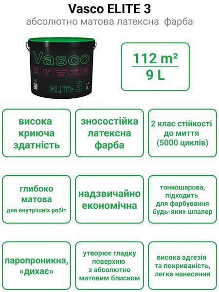 Vasco ELITE 3 зносостійка латексна фарба для стін і стель 9л 5247 фото
