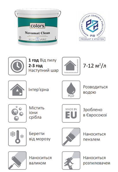 Colors Novamat Clean - шовковисто матова вологостійка антибактеріальна фарба на основі іонів срібла 9л 6056 фото