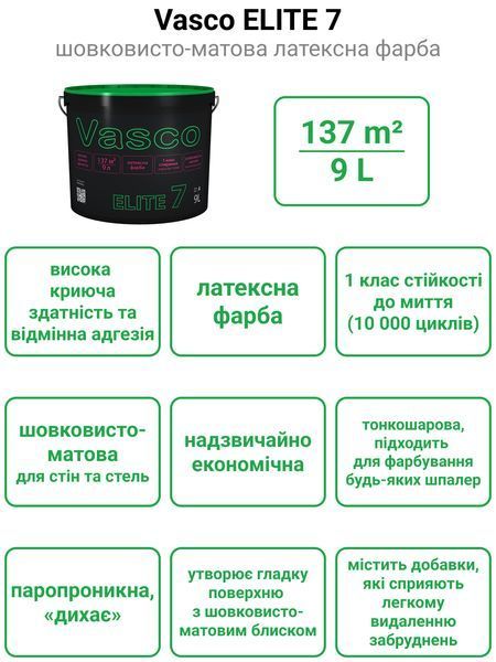 Vasco ELITE 7 шелковисто-матовая латексная краска для стен 9л 5250 фото