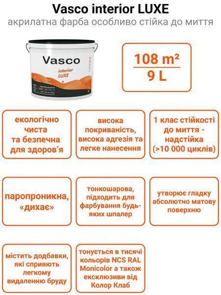 Vasco interior Luxe акрилатна фарба особливо стійка до миття 9 л 5251 фото