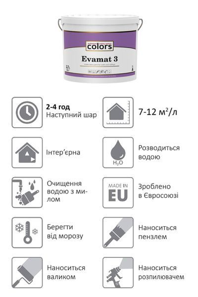Colors Evamat 3 латексна фарба для стель з уповільненим часом висихання 9л 5985 фото