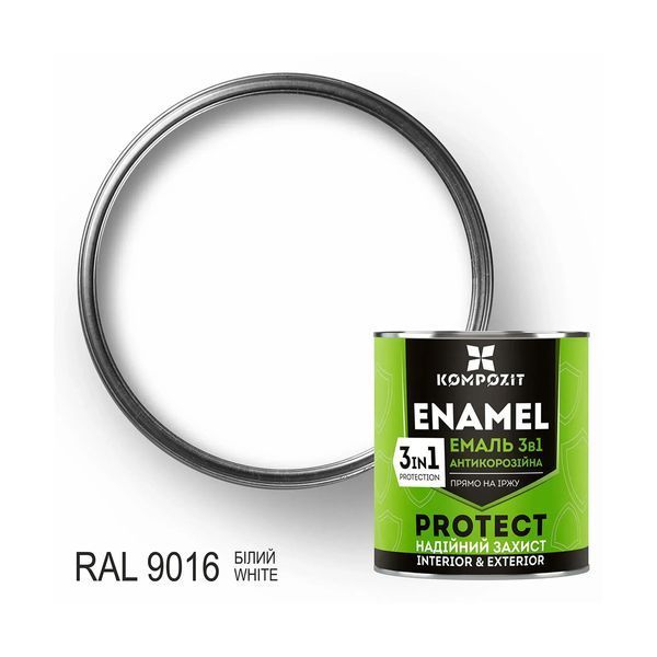 Емаль антикорозійна 3 в 1 PROTECT шовковисто-матова Kompozit Білий RAL 9016 0,75 кг 000590 фото